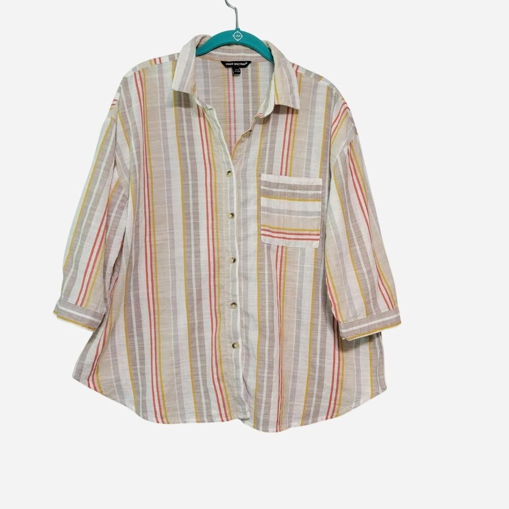Unique Spectrum 100% Cotton Neutral Stripe Shirt Relaxed Lagen Boho Granola